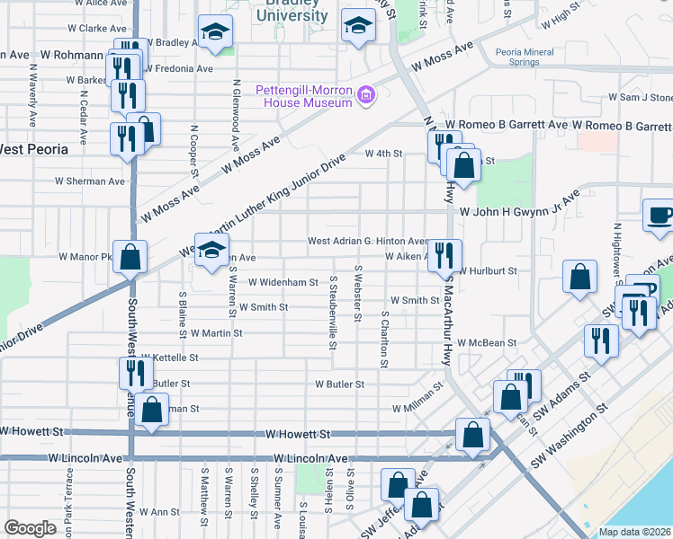 map of restaurants, bars, coffee shops, grocery stores, and more near 126 South Steubenville Street in Peoria