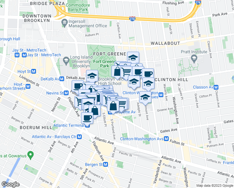 map of restaurants, bars, coffee shops, grocery stores, and more near 49 South Oxford Street in Brooklyn