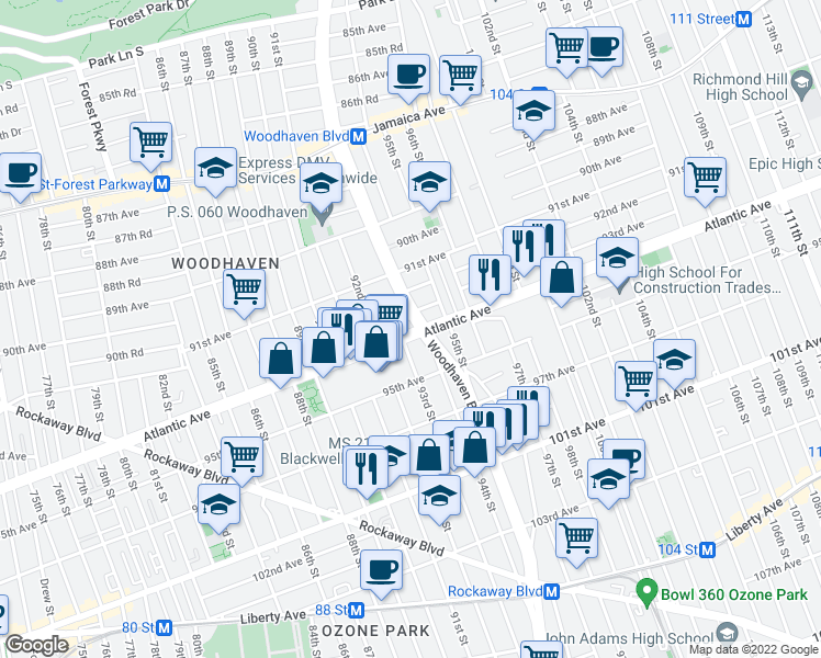 map of restaurants, bars, coffee shops, grocery stores, and more near 93-10 Woodhaven Boulevard in Queens