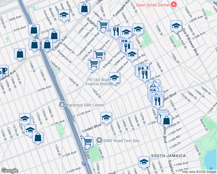map of restaurants, bars, coffee shops, grocery stores, and more near 143-23 Glassboro Avenue in Queens
