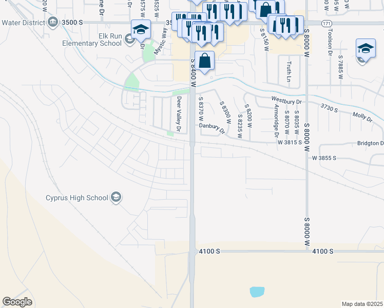 map of restaurants, bars, coffee shops, grocery stores, and more near 3848 Bacchus Highway in Magna