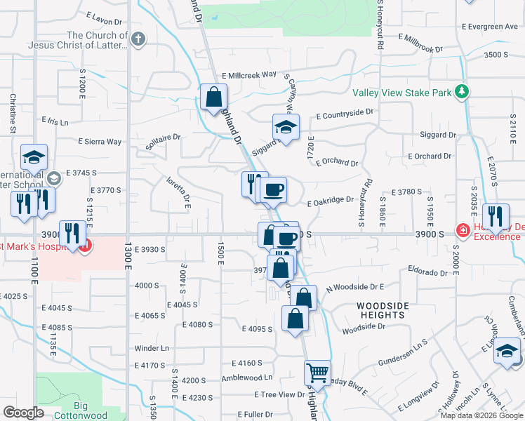 map of restaurants, bars, coffee shops, grocery stores, and more near 1587 East 3900 South in Salt Lake City