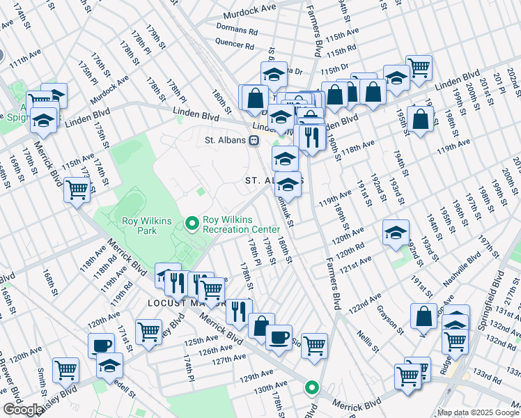 map of restaurants, bars, coffee shops, grocery stores, and more near 118-32 179th Street in Queens