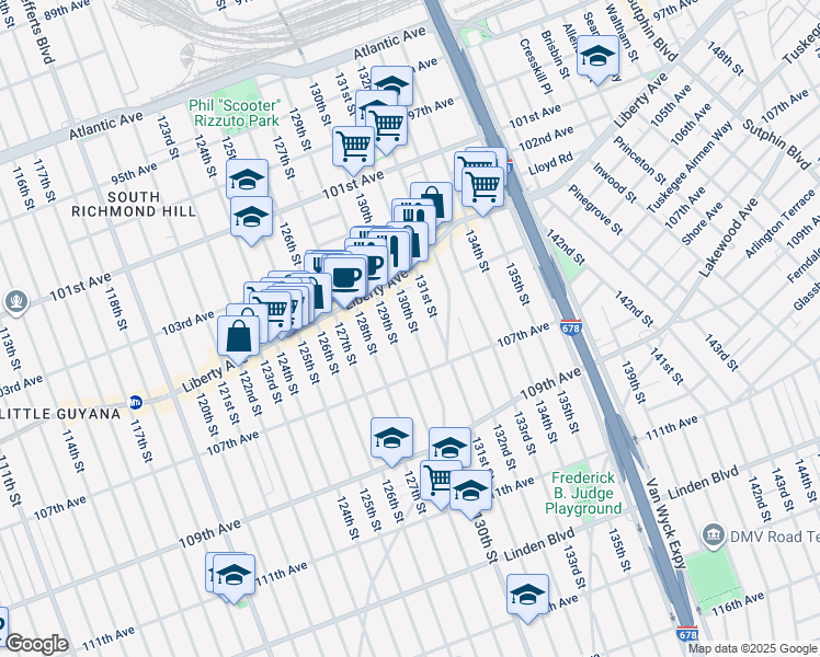 map of restaurants, bars, coffee shops, grocery stores, and more near 104-71 129th Street in Queens