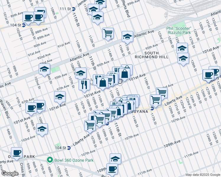 map of restaurants, bars, coffee shops, grocery stores, and more near 101-23 112th Street in Queens