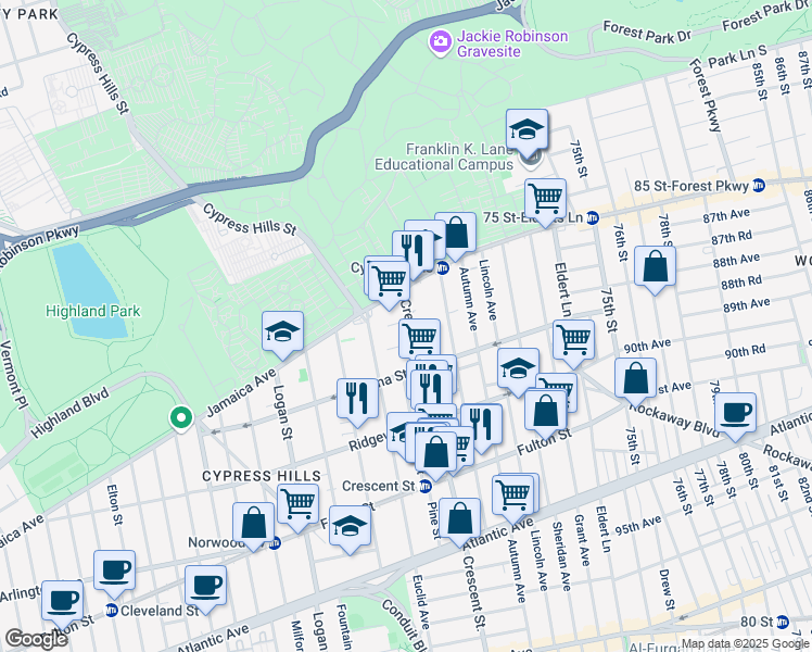 map of restaurants, bars, coffee shops, grocery stores, and more near 1 Cox Place in Brooklyn