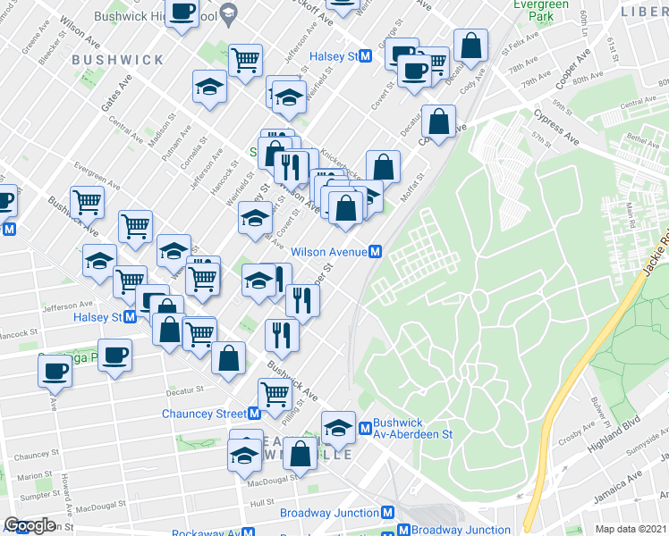 map of restaurants, bars, coffee shops, grocery stores, and more near 655 Central Avenue in Brooklyn