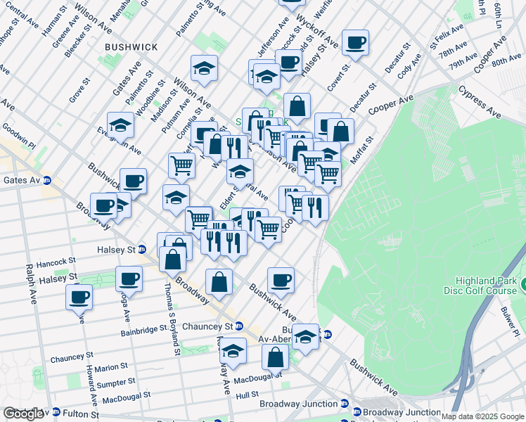 map of restaurants, bars, coffee shops, grocery stores, and more near 116 Schaefer Street in Brooklyn