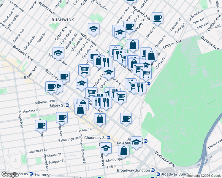 map of restaurants, bars, coffee shops, grocery stores, and more near 112 Schaefer Street in Brooklyn