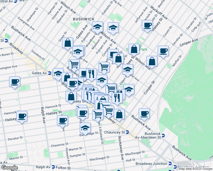 map of restaurants, bars, coffee shops, grocery stores, and more near 1259 Bushwick Avenue in Brooklyn