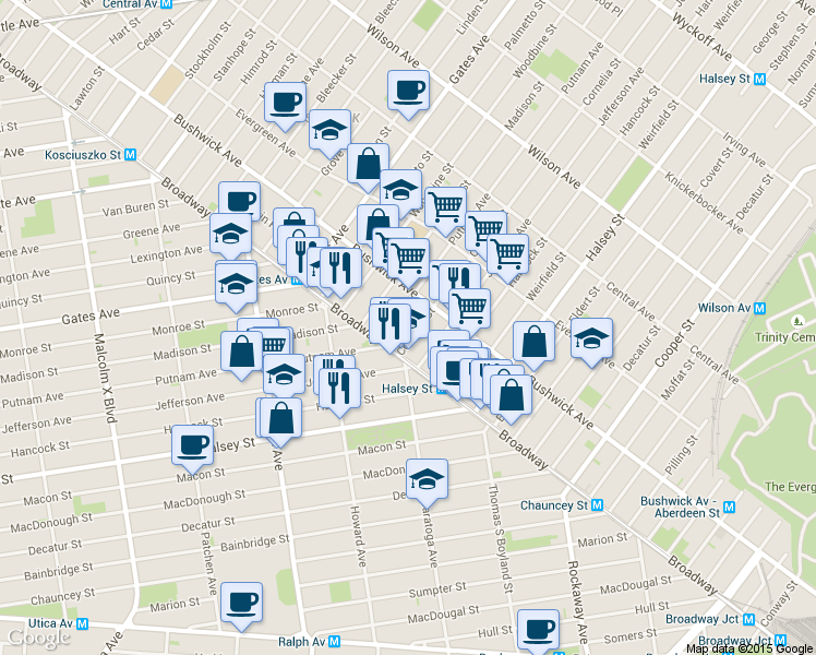 map of restaurants, bars, coffee shops, grocery stores, and more near 1485 Broadway in Brooklyn