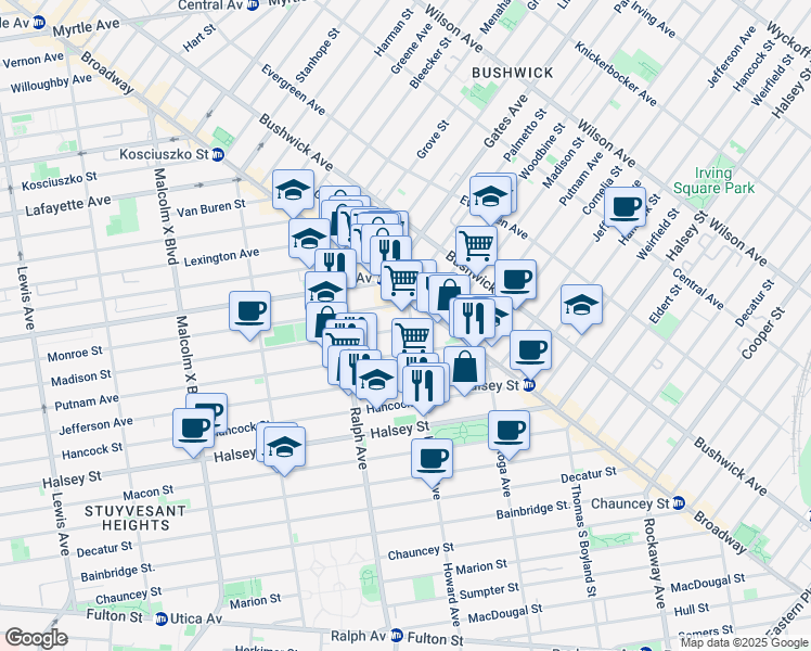 map of restaurants, bars, coffee shops, grocery stores, and more near 989 Putnam Avenue in Brooklyn