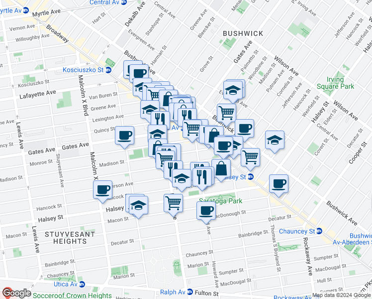 map of restaurants, bars, coffee shops, grocery stores, and more near 989 Putnam Avenue in Brooklyn