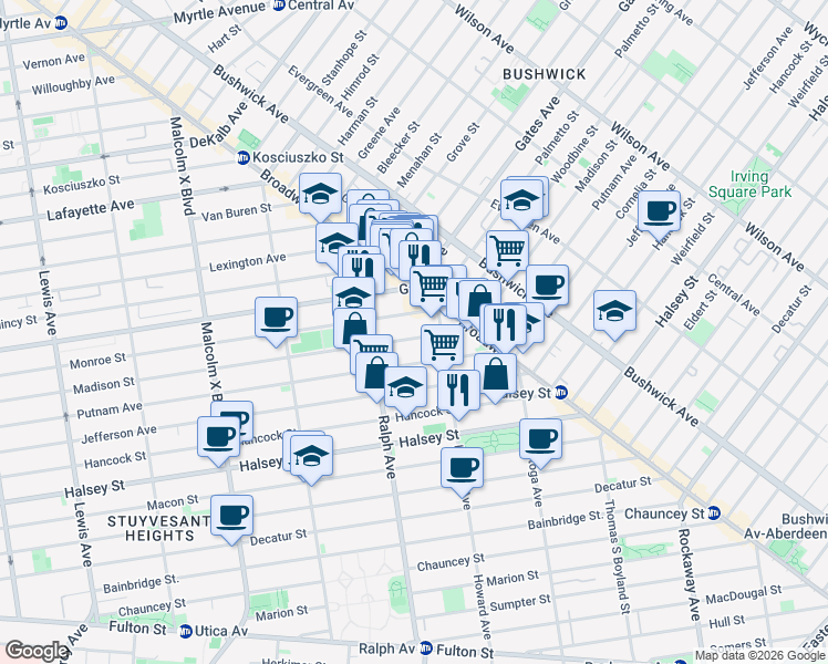map of restaurants, bars, coffee shops, grocery stores, and more near 989 Putnam Avenue in Brooklyn