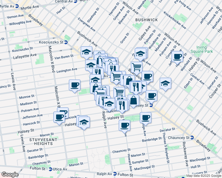 map of restaurants, bars, coffee shops, grocery stores, and more near 989 Putnam Avenue in Brooklyn