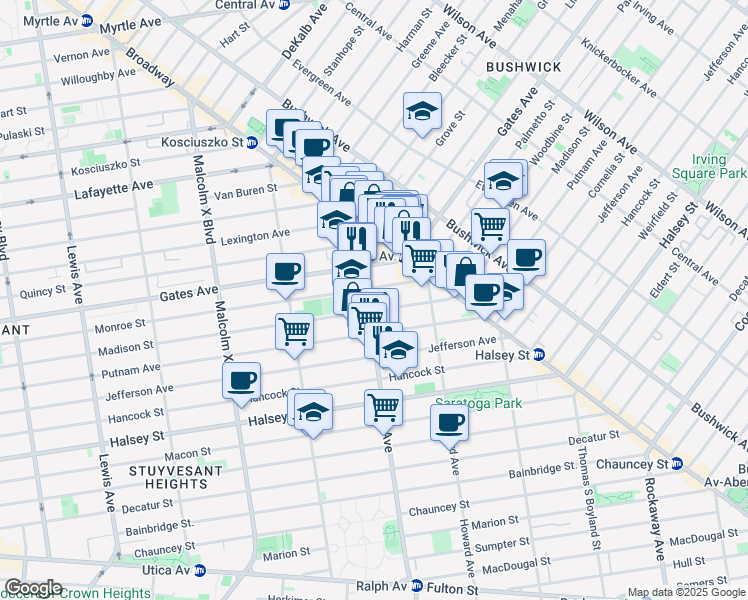 map of restaurants, bars, coffee shops, grocery stores, and more near 953 Putnam Avenue in Brooklyn