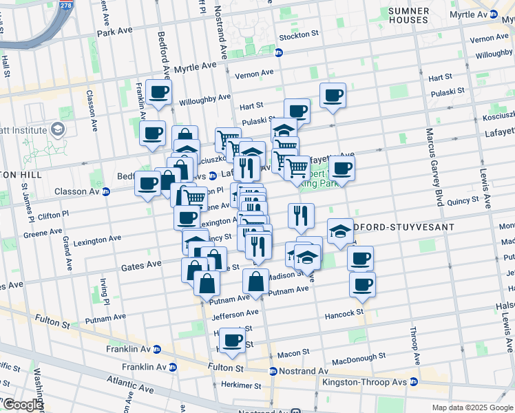 map of restaurants, bars, coffee shops, grocery stores, and more near 292 Lexington Avenue in Brooklyn