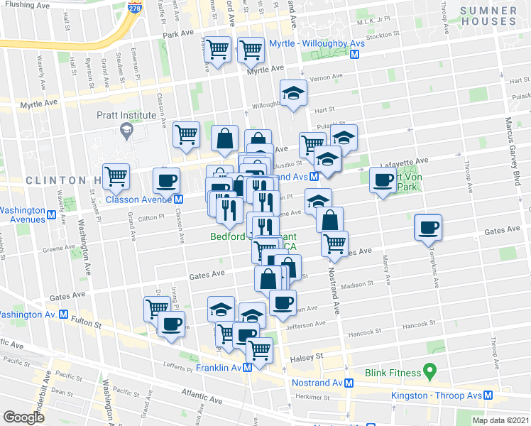 map of restaurants, bars, coffee shops, grocery stores, and more near 1065 Bedford Avenue in Brooklyn