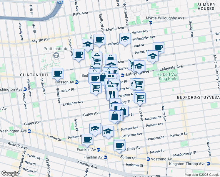 map of restaurants, bars, coffee shops, grocery stores, and more near 1065 Bedford Avenue in Brooklyn