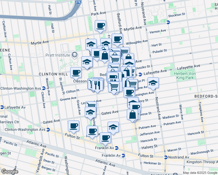 map of restaurants, bars, coffee shops, grocery stores, and more near 340 Greene Avenue in Brooklyn