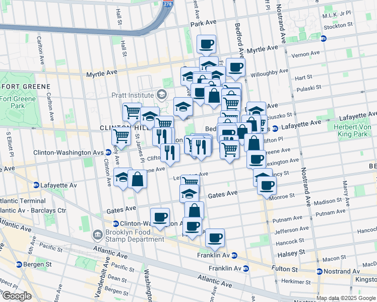 map of restaurants, bars, coffee shops, grocery stores, and more near 281 Greene Avenue in Brooklyn