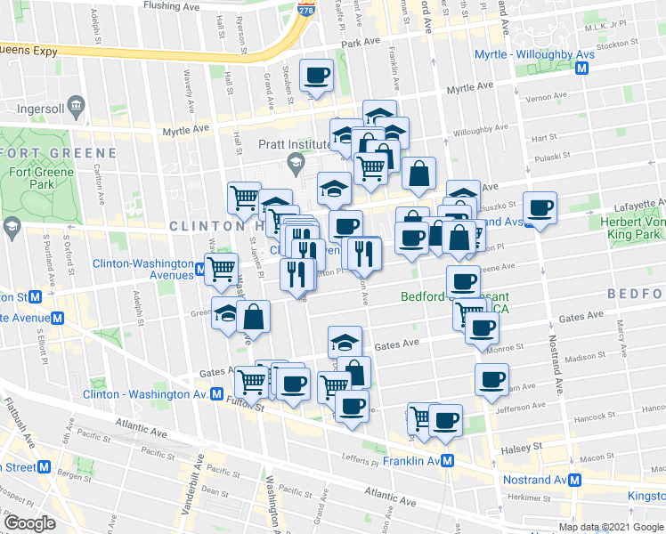 map of restaurants, bars, coffee shops, grocery stores, and more near 281 Greene Avenue in Brooklyn