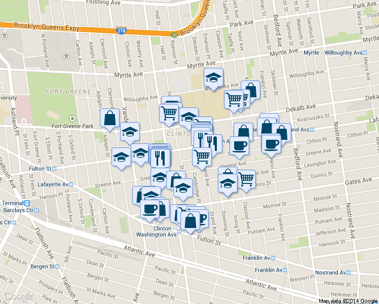 map of restaurants, bars, coffee shops, grocery stores, and more near 30 Clifton Place in Brooklyn