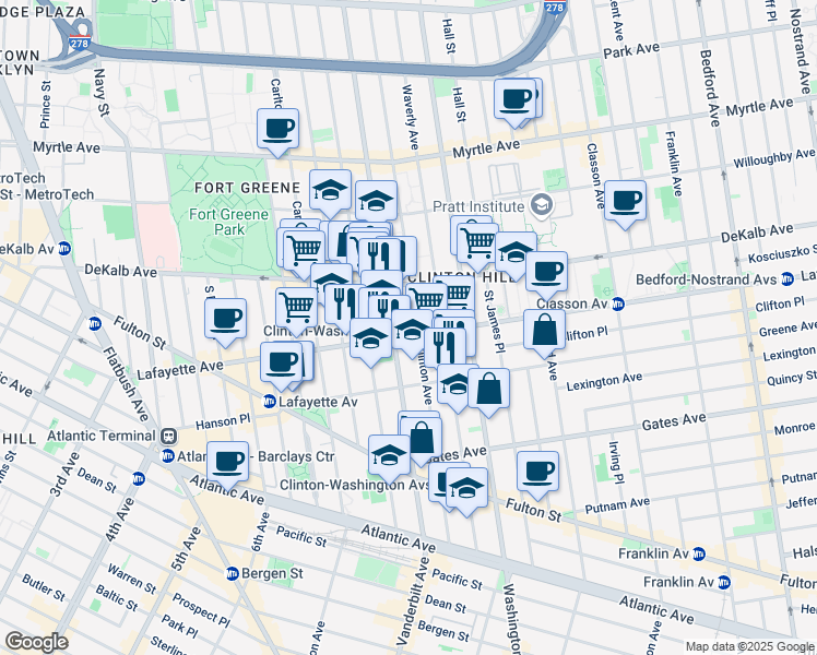 map of restaurants, bars, coffee shops, grocery stores, and more near 356 Clinton Avenue in Brooklyn
