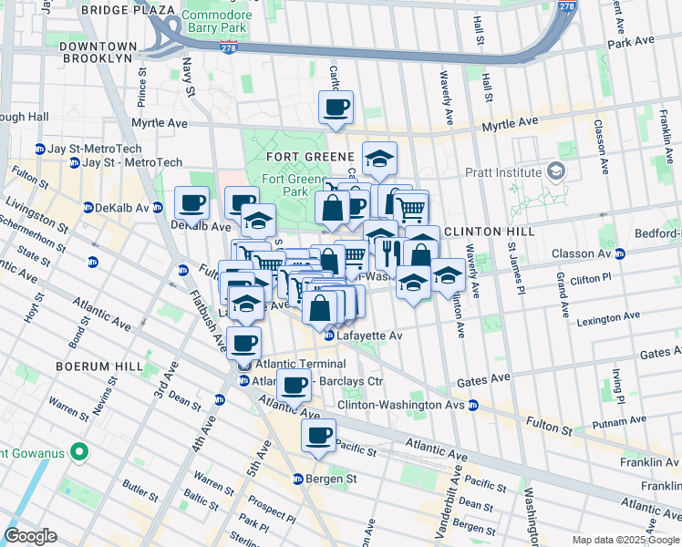 map of restaurants, bars, coffee shops, grocery stores, and more near 133 Lafayette Avenue in Brooklyn
