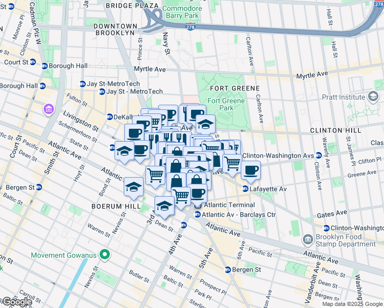 map of restaurants, bars, coffee shops, grocery stores, and more near 657 Fulton Street in Brooklyn