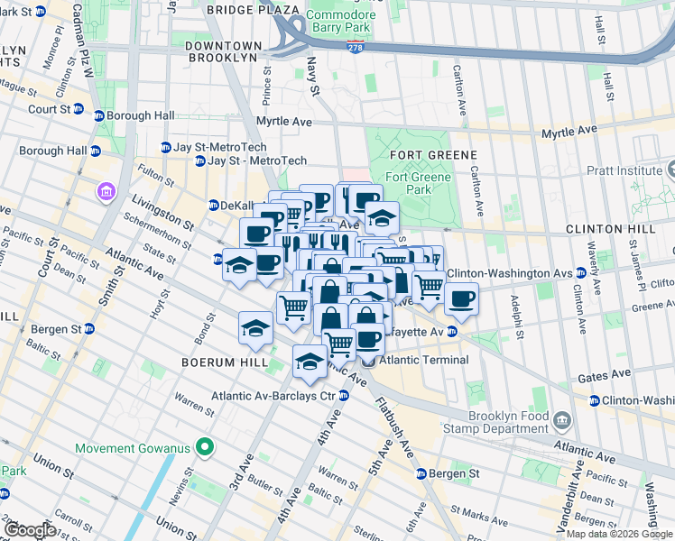 map of restaurants, bars, coffee shops, grocery stores, and more near 272 Ashland Place in Brooklyn