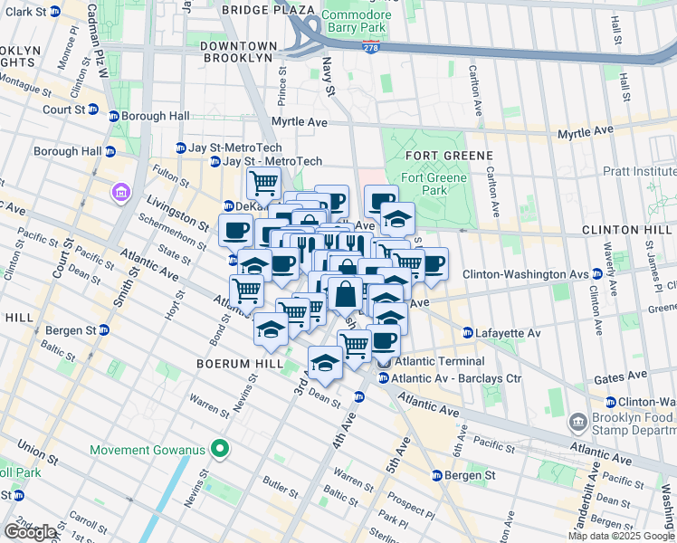 map of restaurants, bars, coffee shops, grocery stores, and more near 41 Flatbush Avenue in Brooklyn