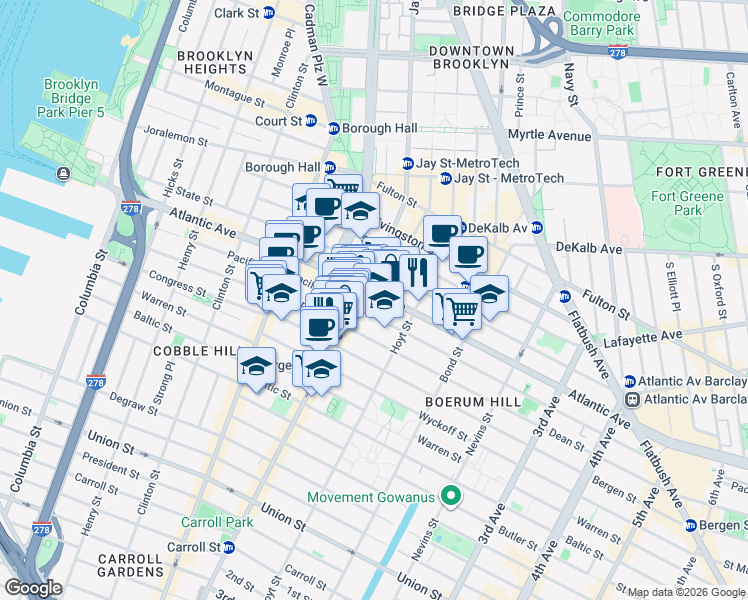 map of restaurants, bars, coffee shops, grocery stores, and more near 314 Pacific Street in Brooklyn