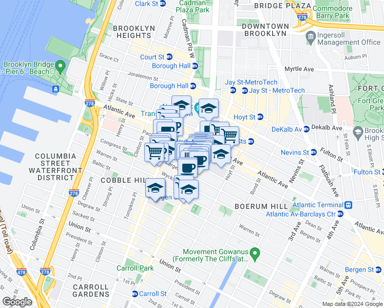 map of restaurants, bars, coffee shops, grocery stores, and more near 66 Dean Street in Brooklyn