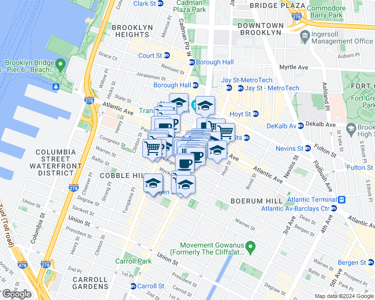 map of restaurants, bars, coffee shops, grocery stores, and more near 66 Dean Street in Brooklyn