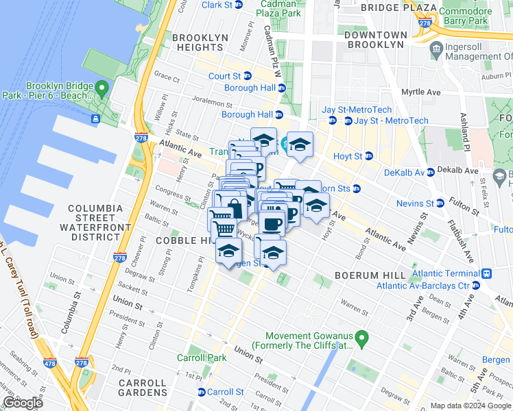 map of restaurants, bars, coffee shops, grocery stores, and more near 134 Boerum Place in Brooklyn