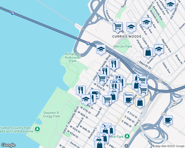 map of restaurants, bars, coffee shops, grocery stores, and more near 1183 John F. Kennedy Boulevard in Bayonne
