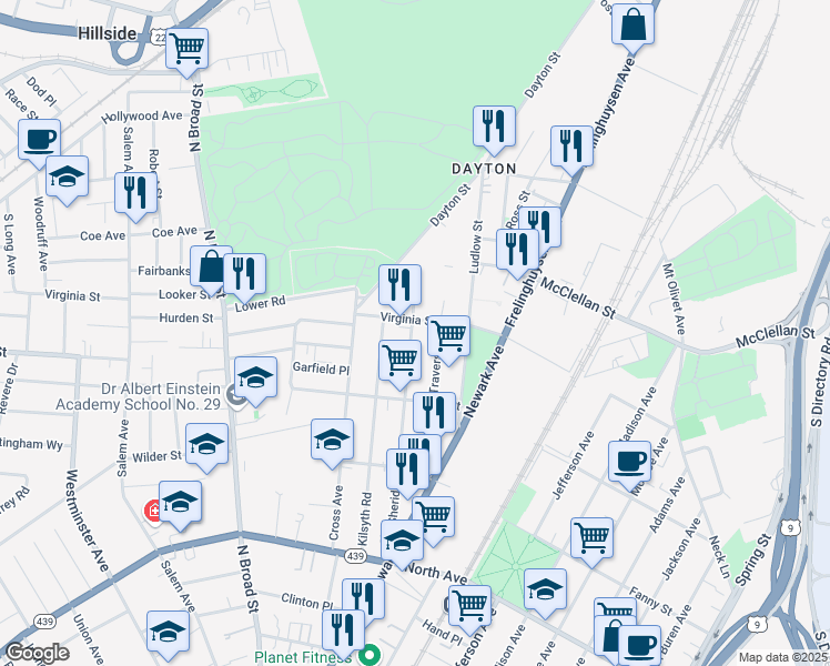 map of restaurants, bars, coffee shops, grocery stores, and more near 1030 Sheridan Avenue in Elizabeth