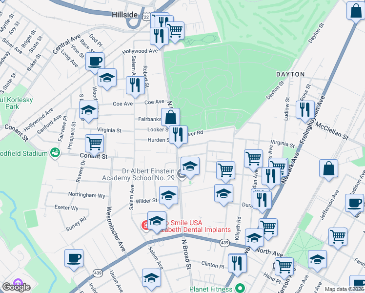 map of restaurants, bars, coffee shops, grocery stores, and more near 1441 Concord Place in Elizabeth