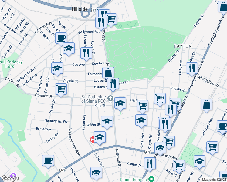 map of restaurants, bars, coffee shops, grocery stores, and more near 1441 Concord Place in Elizabeth