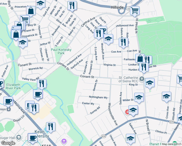 map of restaurants, bars, coffee shops, grocery stores, and more near 228 Conant Street in Hillside
