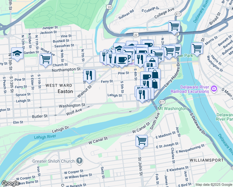 map of restaurants, bars, coffee shops, grocery stores, and more near 6 Rosewood Street in Easton