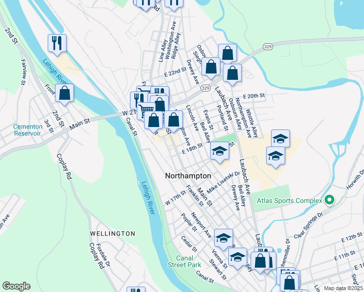 map of restaurants, bars, coffee shops, grocery stores, and more near 1800 Main Street in Northampton