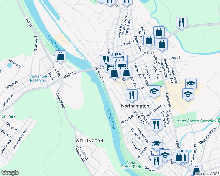 map of restaurants, bars, coffee shops, grocery stores, and more near 143 Lumber Street in Northampton