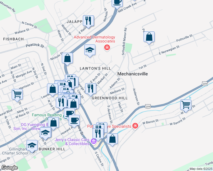 map of restaurants, bars, coffee shops, grocery stores, and more near 501 Edwards Avenue in Pottsville