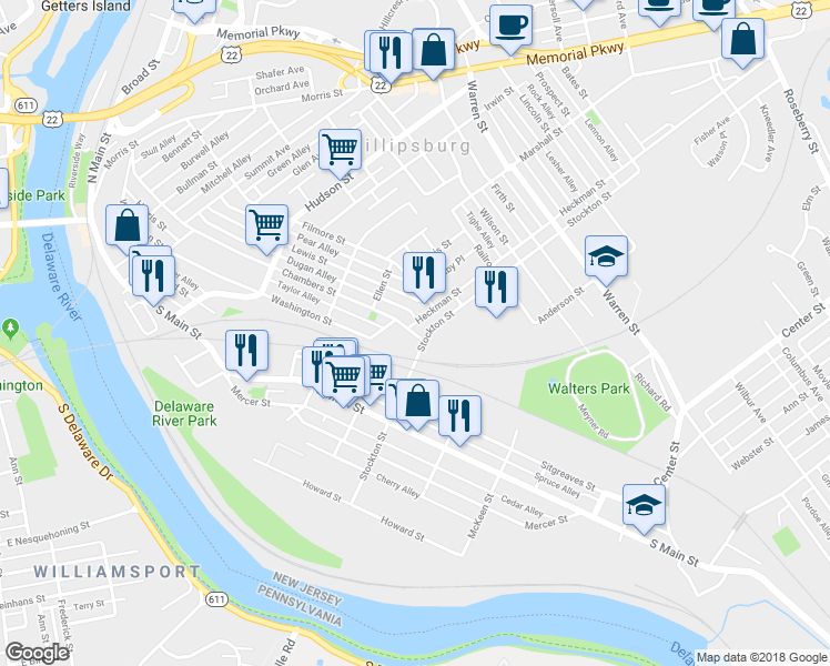 map of restaurants, bars, coffee shops, grocery stores, and more near 341 Chambers Street in Phillipsburg
