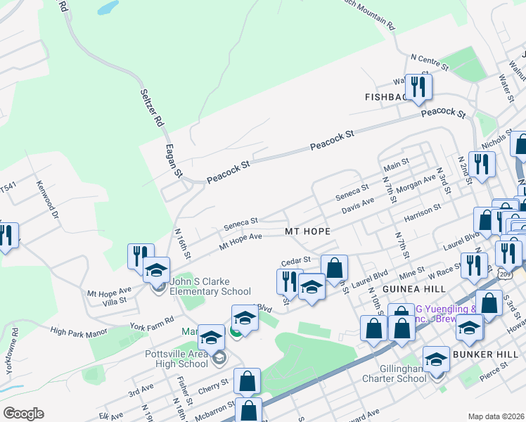 map of restaurants, bars, coffee shops, grocery stores, and more near 1351 Seneca Street in Pottsville