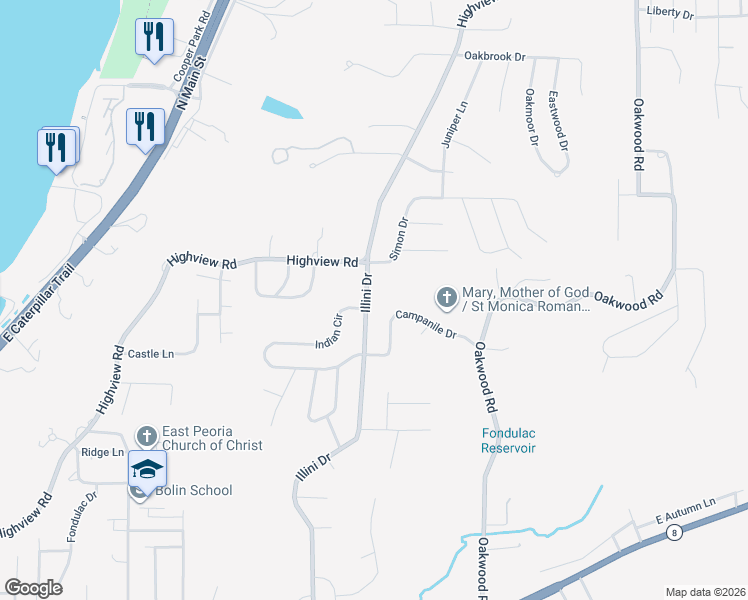 map of restaurants, bars, coffee shops, grocery stores, and more near 205 Illini Drive in East Peoria