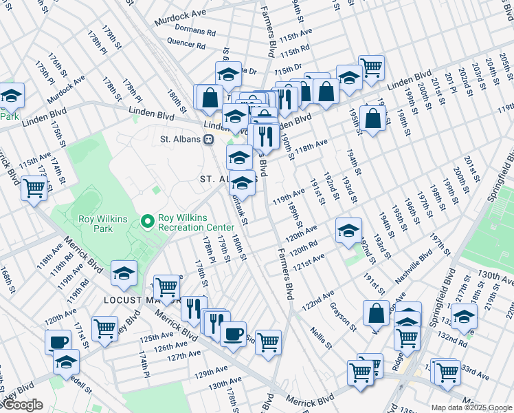 map of restaurants, bars, coffee shops, grocery stores, and more near 187-22 119th Road in Queens