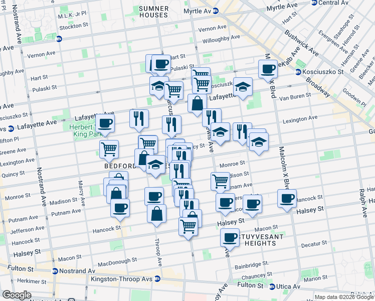 map of restaurants, bars, coffee shops, grocery stores, and more near 560 Quincy Street in Brooklyn